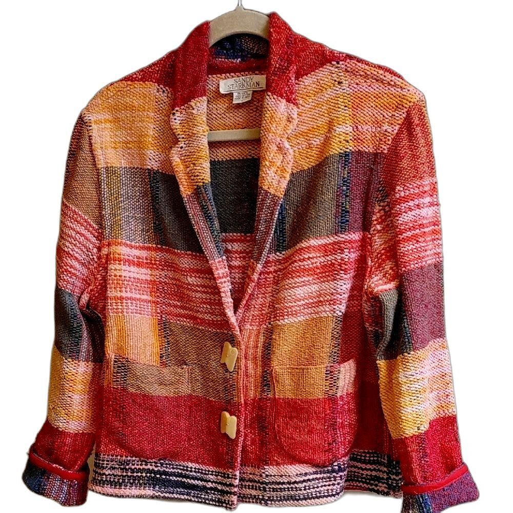90's Sandy Starkman Chenille Jacket 100% Cotton Plaid Boho Size M